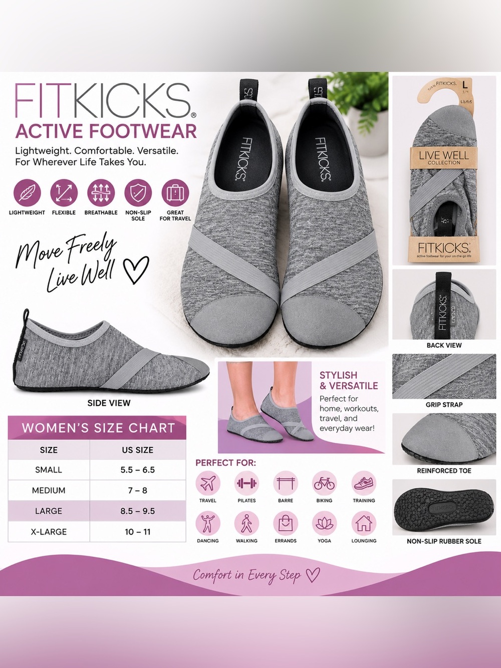 FITKICKS WATERPROOF ACTIVE FOOTWEAR - GREY SIZE LARGE 8.5/9.5 (NEW WITH TAGS) B9